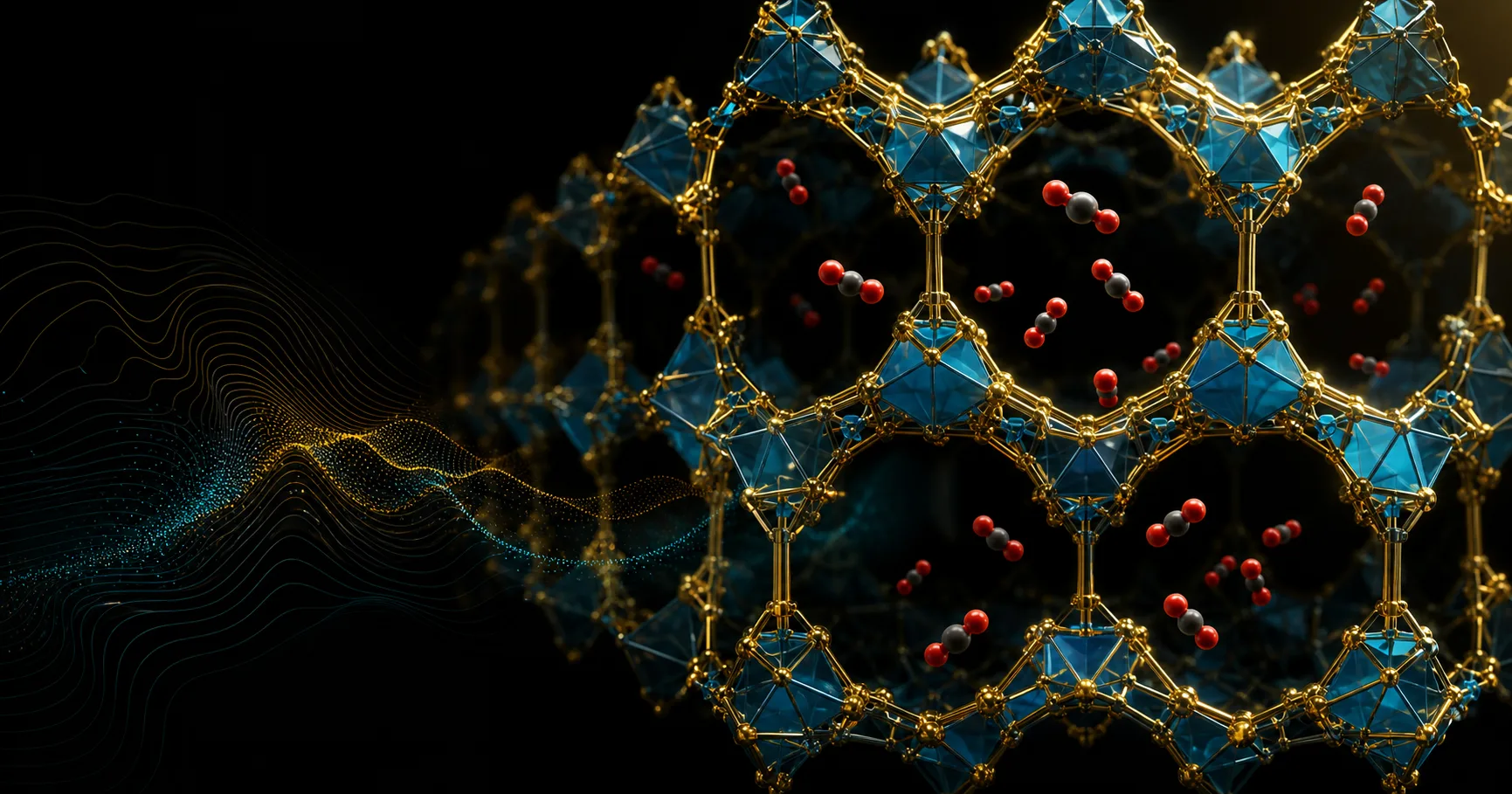 Illustration of carbon dioxide molecules entering a luminous metal-organic framework lattice